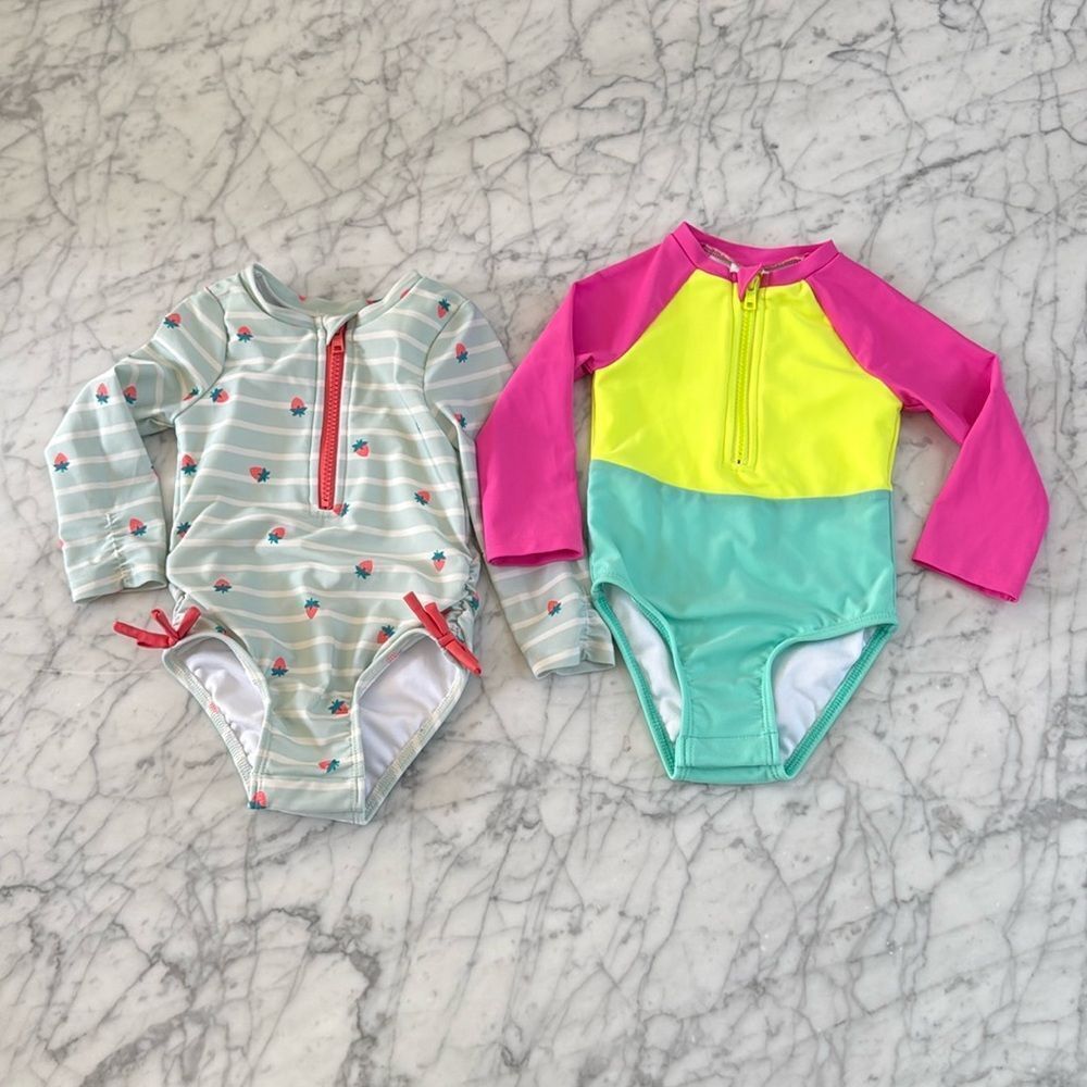 Girl's Size 18 Mo LS Swim Suit Bundle Neon Colorblock Strawberry